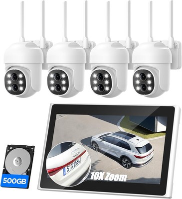 Wireless Security Camera System 10'' LCD Monitor WiFi NVR with 500GB HDD, 4xCams