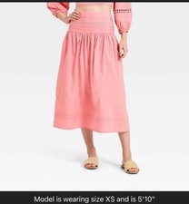 Women's Eyelet Midi Skirt - A New Day Pink Medium 100 Cotton Stretchy Waist
