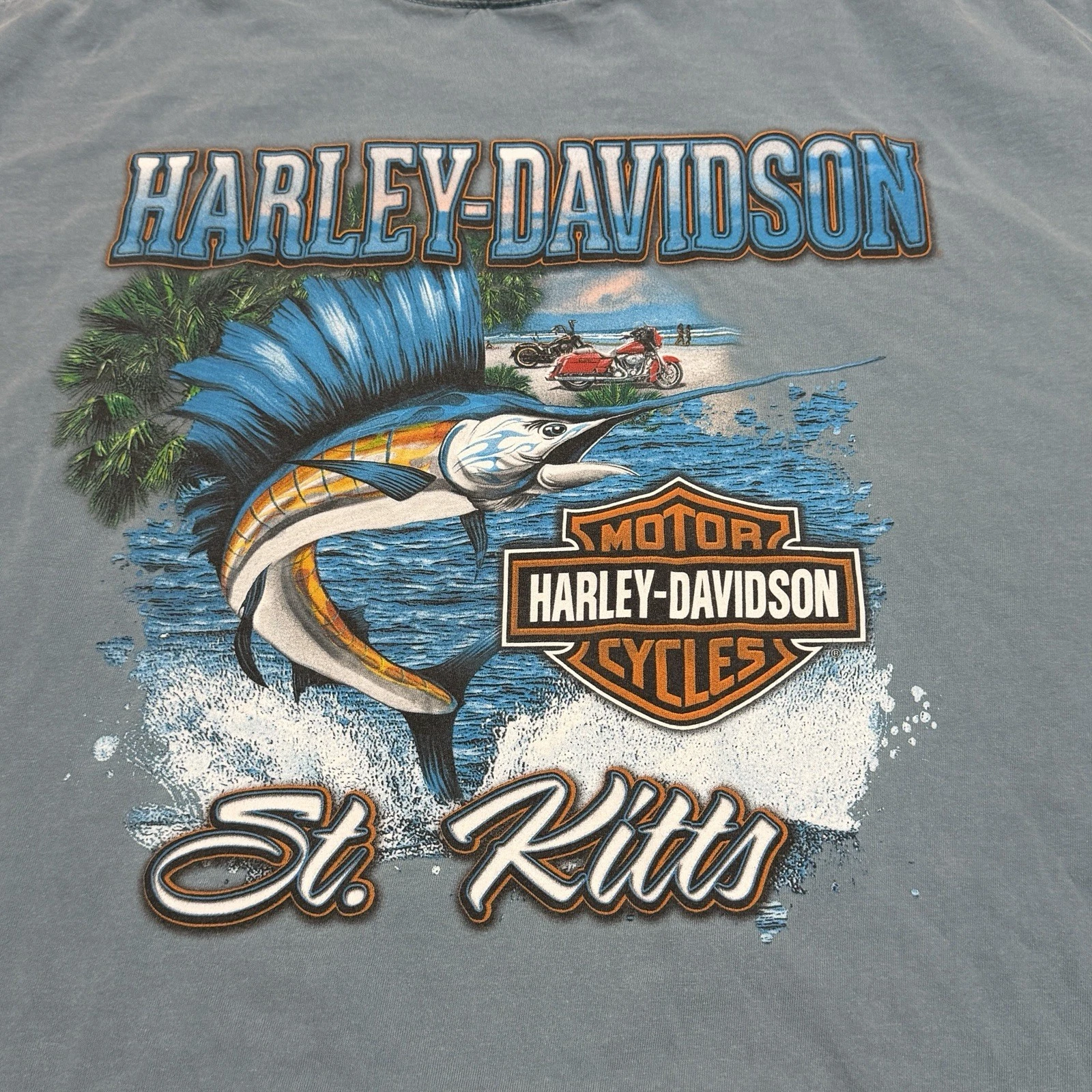HARLEY DAVIDSON T-SHIRT Men’s XXL Greyish Blue St Kitts Fishing Short Sleeve