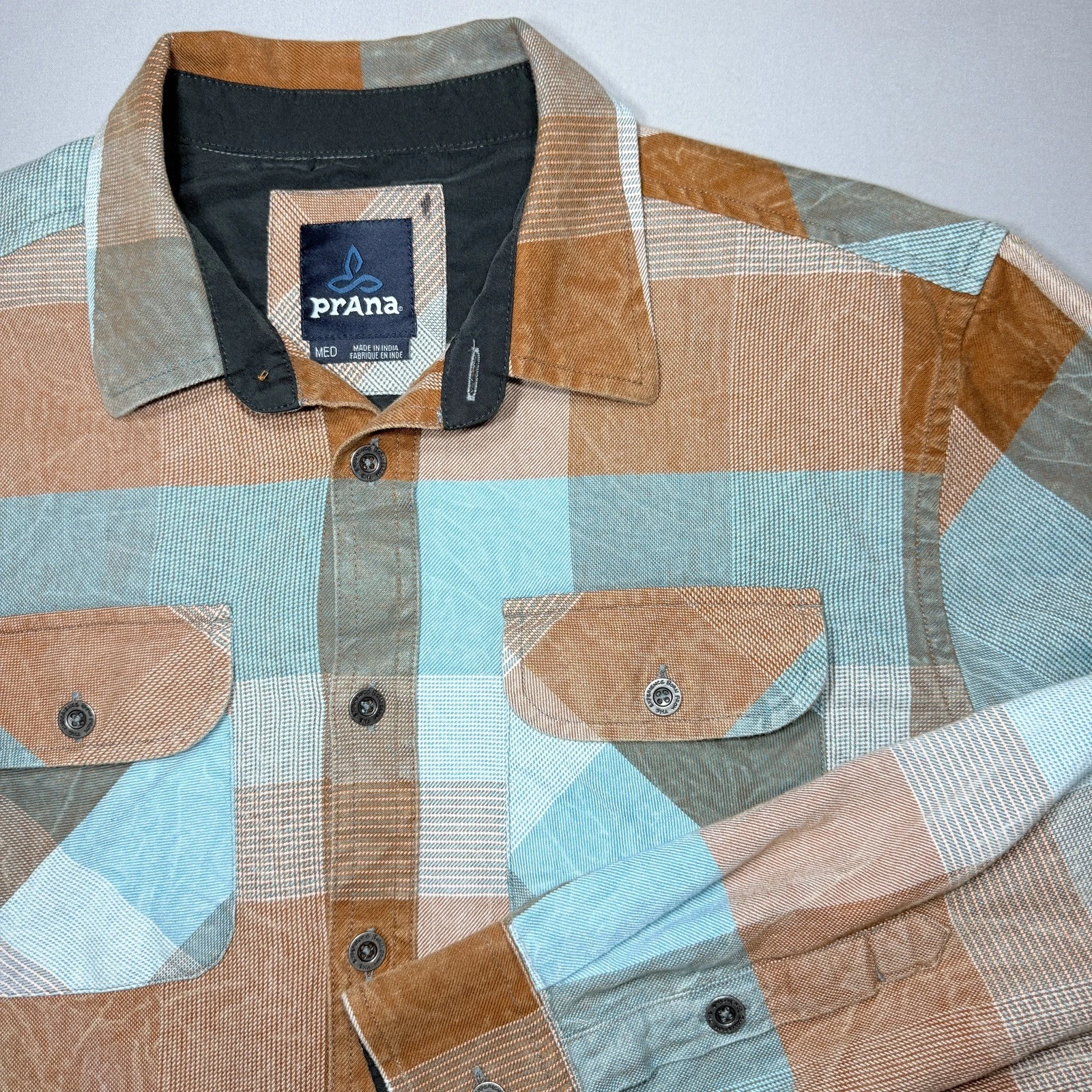 prAna Lybek Flannel Mens Medium Turquoise Orange Plaid Gorpcore Organic Cotton
