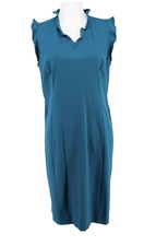 Talbots Ponte Dress Womens 12 Blue Ruffle Shift Stretch Sleeveless Career New