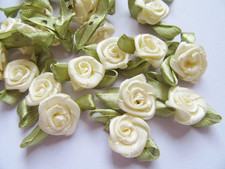 Pack of 100 pcs Ivory Satin Ribbon Rose w/Leaf Wedding Bride Appliques/Craft