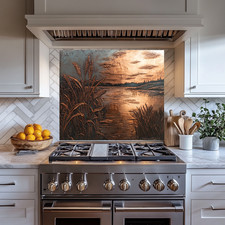Copper Look Reed and Lake Print Backsplash, T...