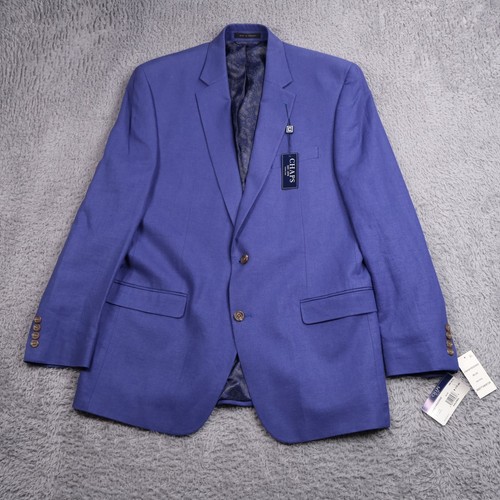 Chaps Blazer Mens 44L Blue Linen Rayon Blend Sport Coat Paisley Lining 2 Button