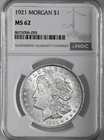 1921-P  $1  MORGAN SILVER DOLLAR  "PHILADELPHIA MINT"  NGC MS62 #8675096-095