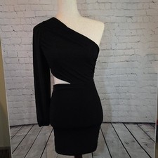 Unbranded Bodycon Dress Womens S Black Good One Shoulder Ruched Side Cutout Mini