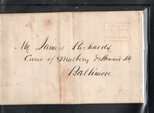 1845 US Stampless Cover NYC-Baltimore W/Letter, Hale & Co. 6 Cents Collect Mark