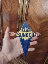 VINTAGE BLUE SUNOCO GASOLINE PORCELAIN SIGN DEALERSHIP GAS STATION MOTOR OIL