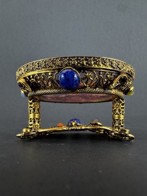 Antique Czech Intaglio Purple Glass Salt Cellar Dip Jeweled Gilt Basket Lot of 2
