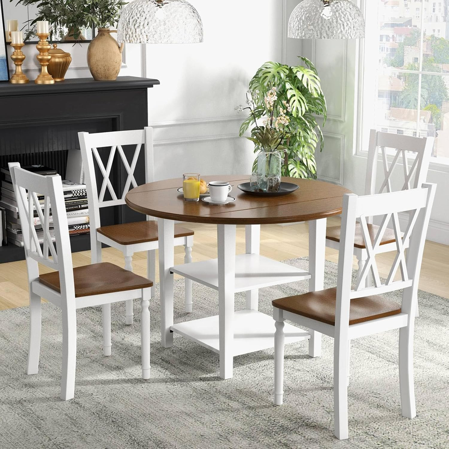 Round Dining Table Set Drop Leaf Extendable with Storage Shelf Walnut White