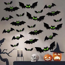 144 Pcs 3D Halloween Bats Decorations with Glow In The Dark Eyes Wall Decor