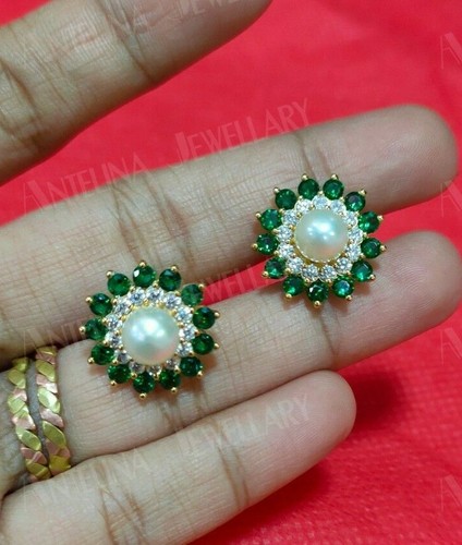 4.00Ct White Pearl with Emerald Halo Flower Stud Earrings 14k Yellow Gold Over - Picture 6 of 9