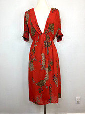 Reformation Burnt Orange Floral Plunging Neckline Dress Smocked Sleeve Size XS