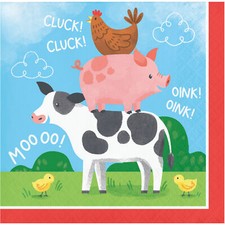 Farm Animals Party Napkins Birthday Paper Beverage Napkins Pig Cow Chicken x 16