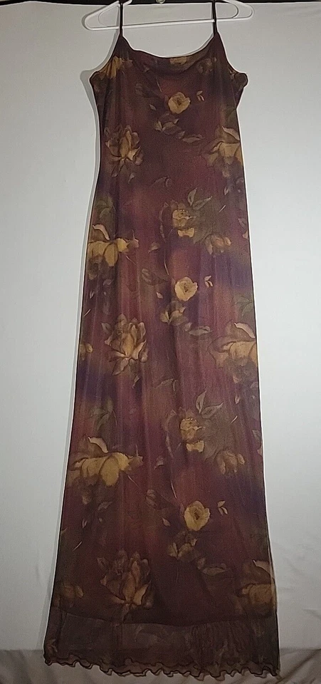 I.N. San Francisco Maroon Flower Lined Maxi Dress Large - Image 3 of 4