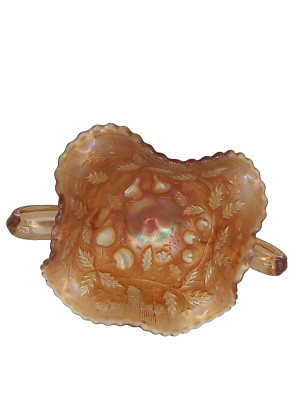 Vintage Northwood Three Fruits Basket Weave Handled Bowl Bonbon Carnival Glass