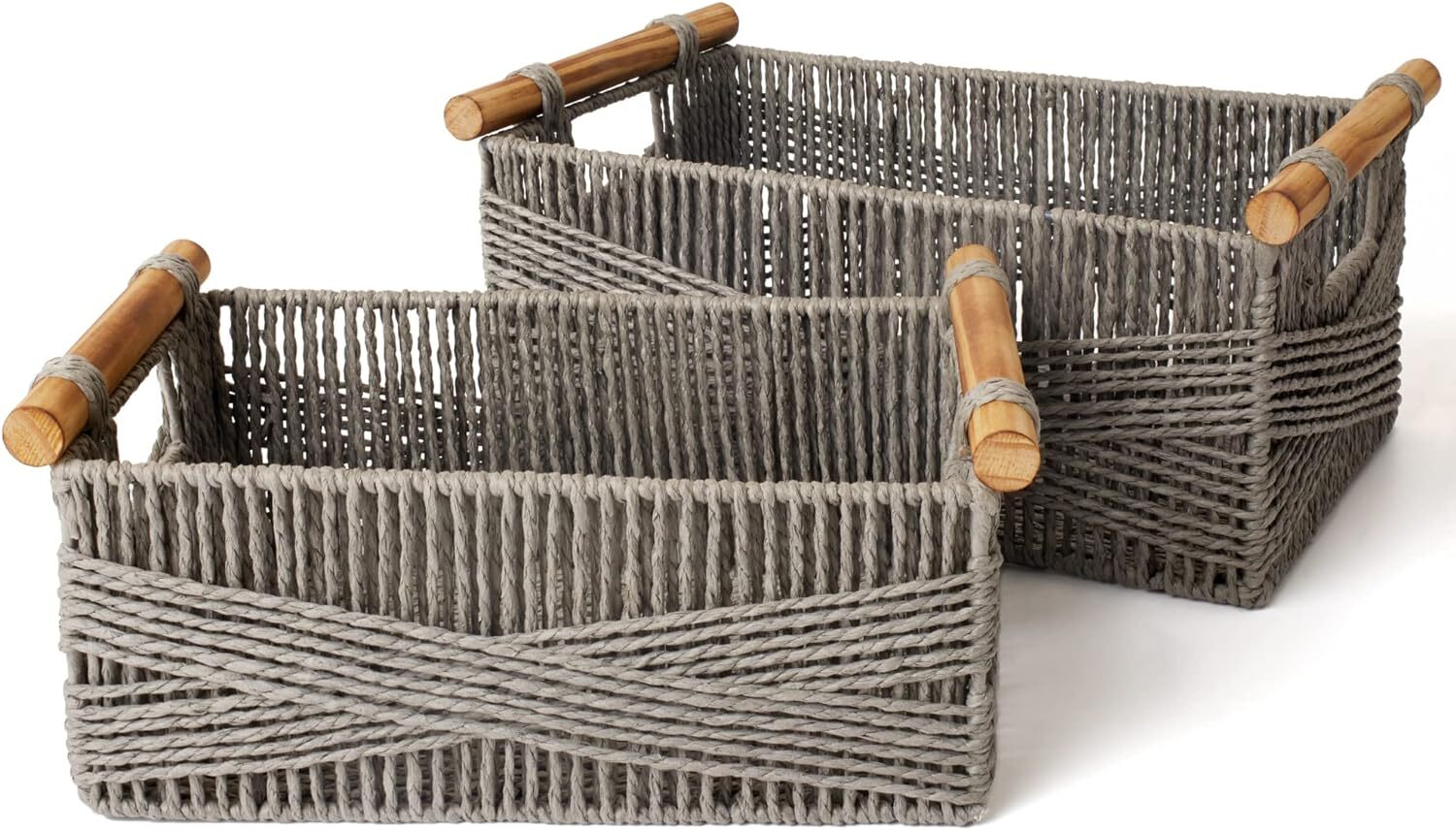 Wicker Storage Baskets for Organizing, Recyclable Paper Rope Basket with Wood Ha-image