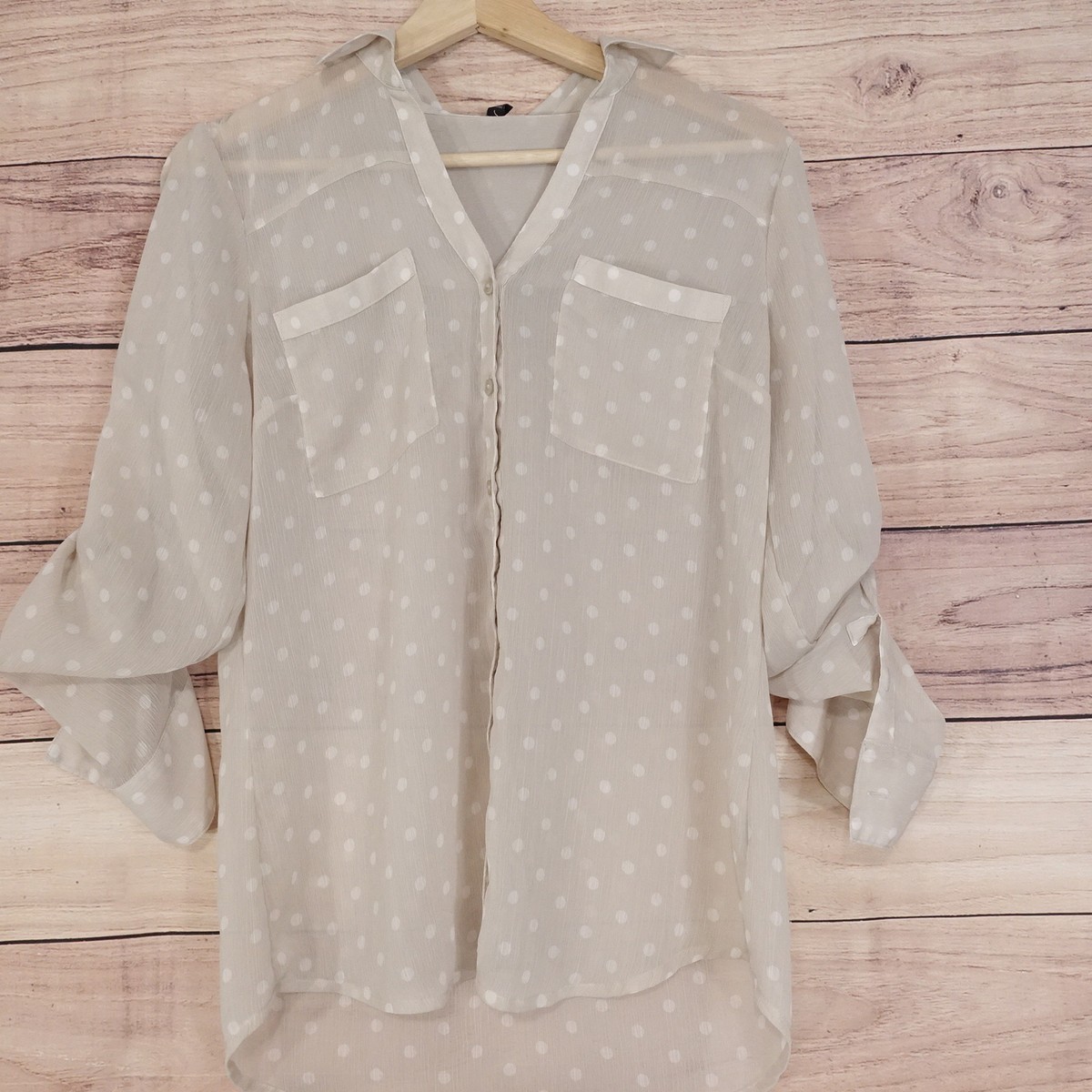 シャツ EXPRESS LONG SLEEVE POLKA DOT SEE-THRU BUTTON UP SHIRT WOMENS SIZE