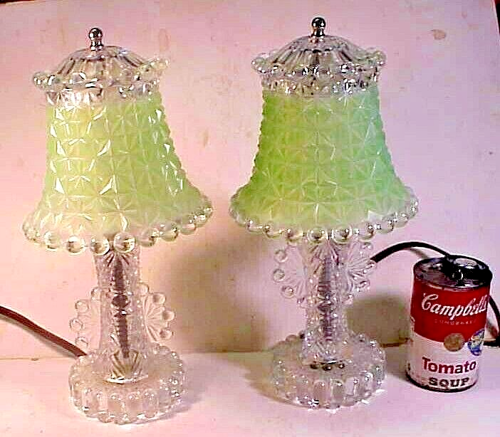 Matched Pair circa 1940s Glass Budoir Lamps with original Painted Glass