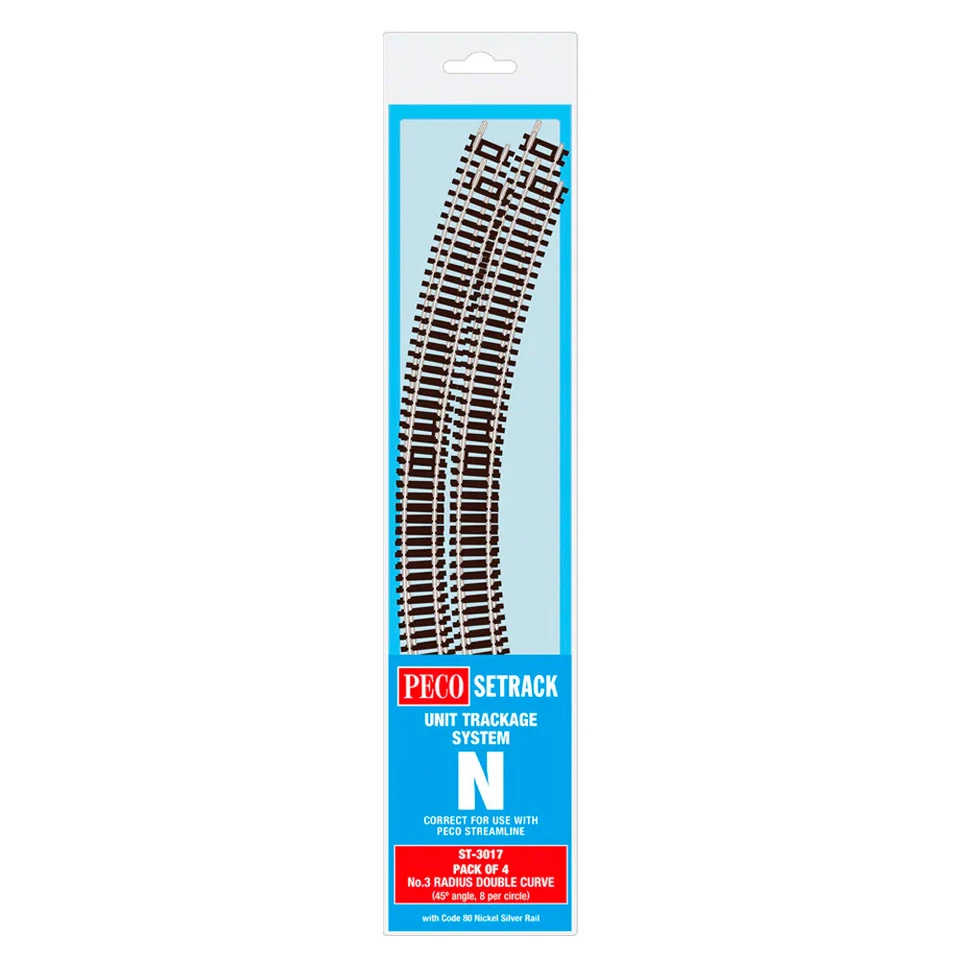 PECO ST-3017 No.3 Radius Double Curve 333.4mm 4-Pack Code 80 Setrack N Track