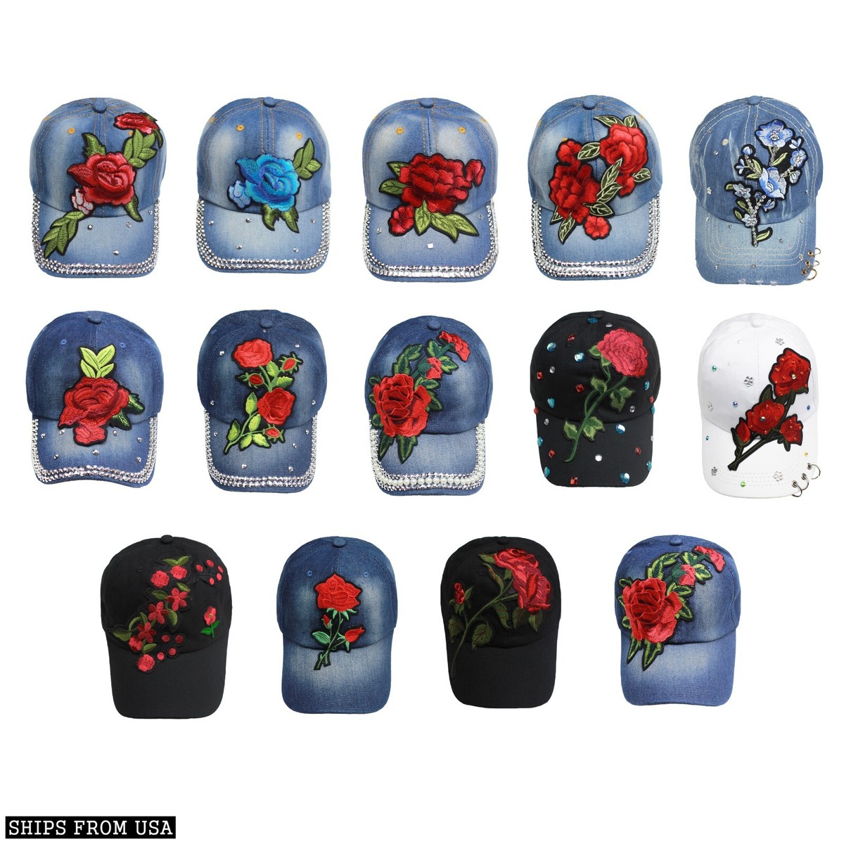 Embroidered Rose Denim Baseball Cap with Rhinestone Accents Denim Bling Hat Rose Flower Embroidery Patch Studded  main image 4