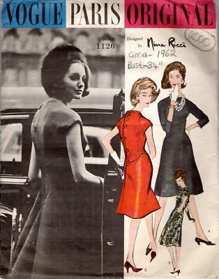 1962 Vintage VOGUE Sewing Pattern B34'' DRESS (2000) Nina Ricci Vogue 1126