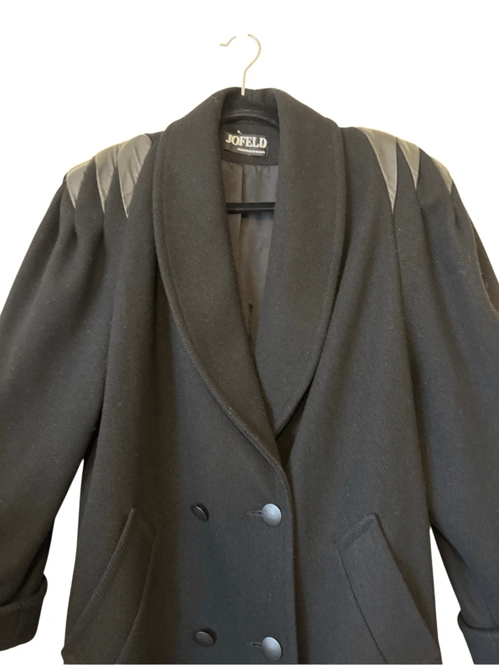 Vtg Jofeld X Forstmann Black Wool/Leather Trim Old Money, Elegant, Goth Coat SzM - Image 3 of 4