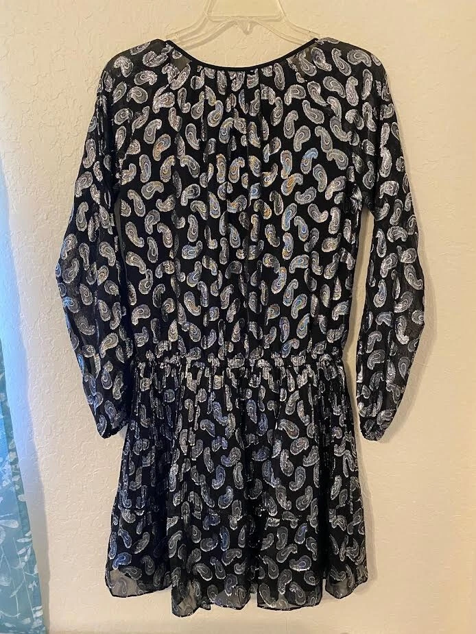 Y2k ABITO DA FESTA COCKTAIL MICHAEL KORS NERO ARGENTO METALLIZZATO DESIGN PAISLEY XS