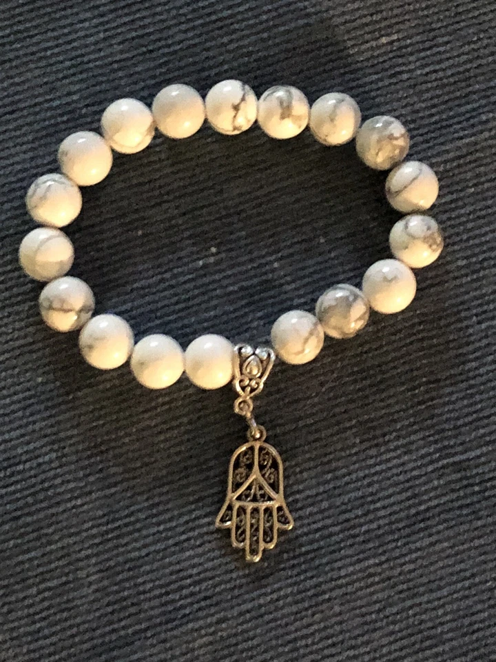 Natural Howlite Gemstone Hamsa Hand Charm Bracelet, Protection, Health - Image 3 of 3