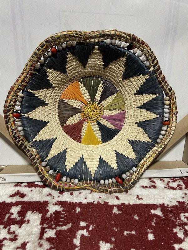 Straw Woven Wall Basket With Sunburst/Geometric Pattern