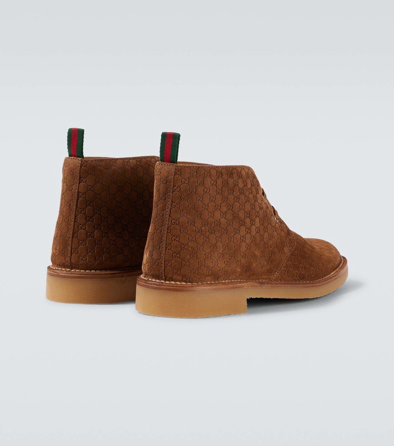 Gucci Brown Suede Lace-Up Desert Boots Men's Logo Print Comfort