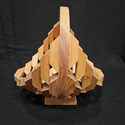 Handcrafted MCM Wooden Basket w/Geometric Cut Out Design & Handle Heavy