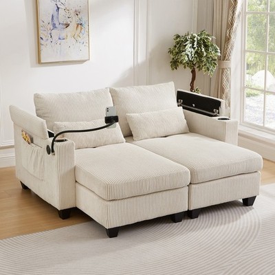 63'' Convertible Chaise Lounge Sofa Bed - Corduroy Sleeper w/ USB & Cup Holders