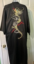 Vintage Japanese Kimono Robe Black Satin Dragon Embroidered