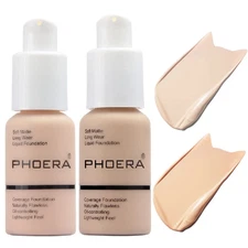 2 Pack PHOERA Foundation 101# Porcelain and 102# Nude,Soft Matte Oil Control Liq