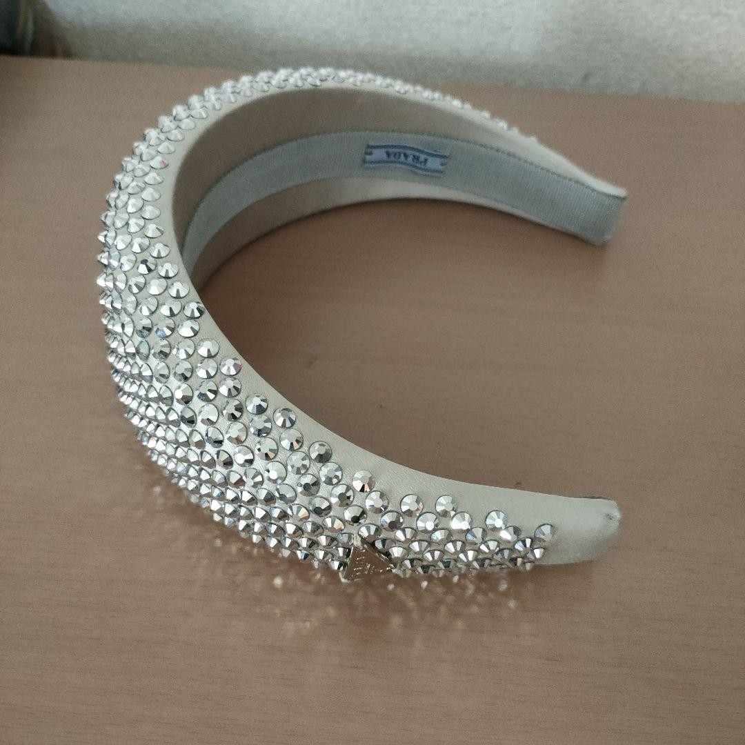 Prada Triangle Logo Crystal Rhinestone Satin Silver Wide Headband