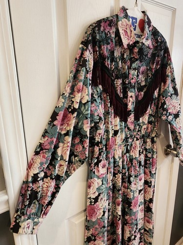 Vintage années 1990 ~ Panhandle slim ~ robe occidentale ~ fleurie avec dentelle et franges ~ maxi ~ prairie - Photo 5 sur 13