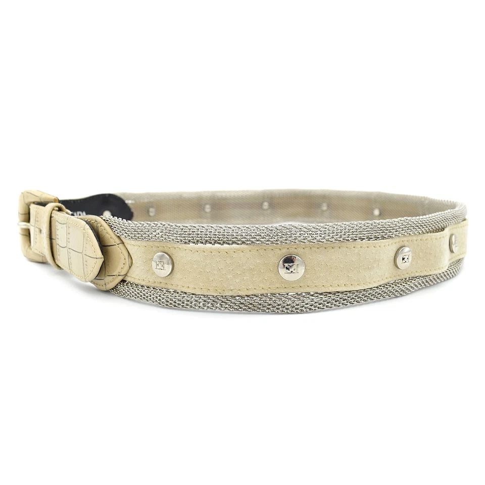 Cinturón Escada Sand Tan Gamuza/Malla de Metal Plateado/Cocodrilo Cuero Repujado Talla 42/12 EE. UU. Foto 3 de 4