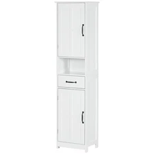 kleankin Bathroom Storage Cabinet Linen Tower with Open Shelf Drawer White