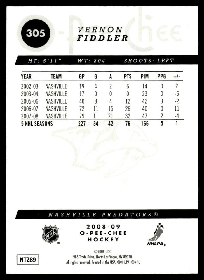 2008-09 O-Pee-Chee Gold Vernon Fiddler Nashville Predators #305 - Image 2 of 2