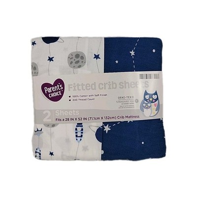 Parents Choice Set of 2 Fitted Crib Mattress Sheets Fits 28x52in  NEW White Blue