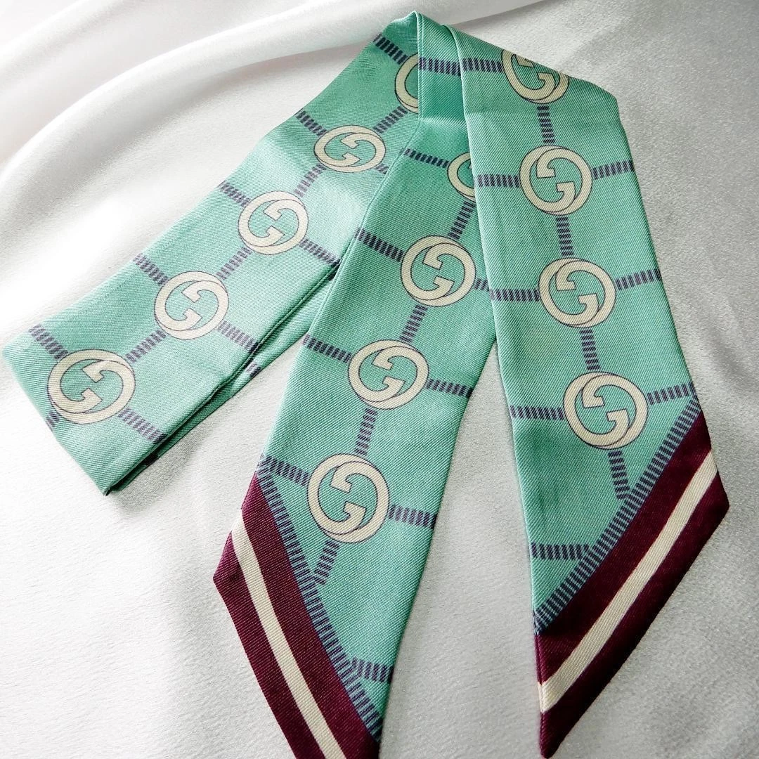 Auth GUCCI grande écharpe col nœud imbriqué G vert marron occasion du Japon