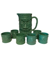 Vintage Tiki Teal Green Ceramic Pottery Pitcher with 6 Matching Glasses Set