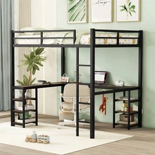 Full Size Loft Bed Metal Bed Frame w/ Desk & Storage Shelves & Ladder