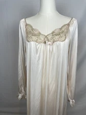 VAL MODE Vintage Nightgown Sleepwear Lingerie Long Sleeve Lace Cream Bow Small