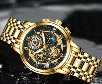 Luxus Chronograph Herren in Gold Automatikuhr Skelettuhr Herren