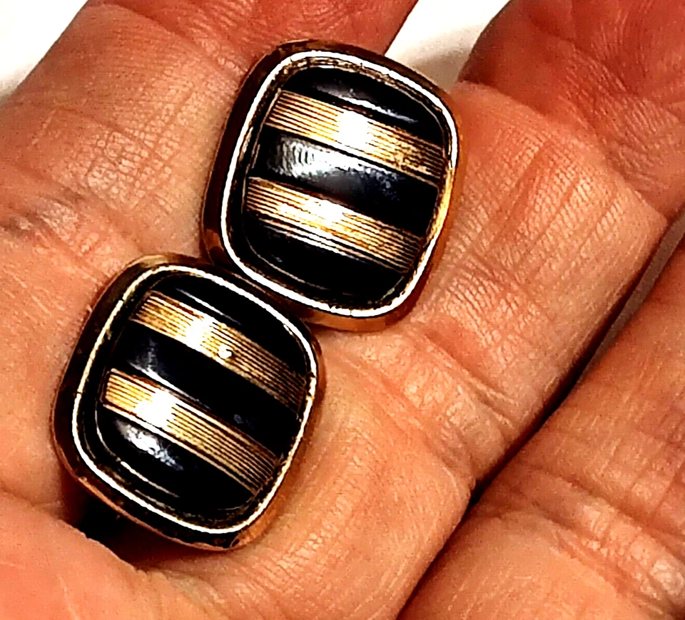 Par de Gemelos Gemelos Tono Dorado Cuadrados Rayas Negras y Doradas De Colección Foto 3 de 3