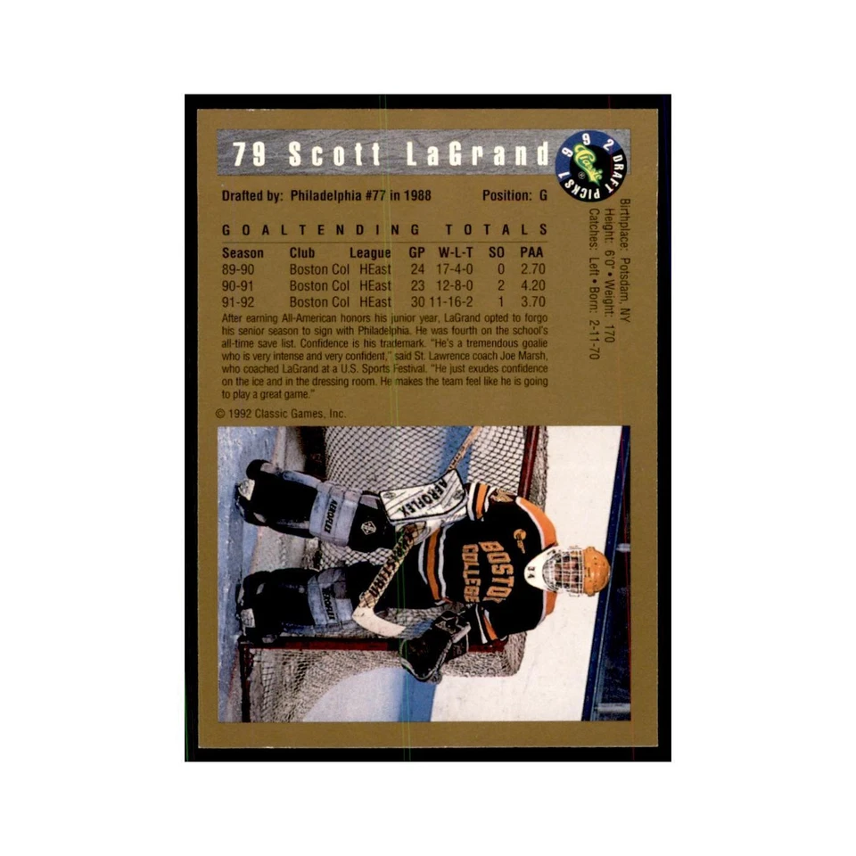 1992 Classic Draft Picks Scott LaGrand Hockey Cards #79 - Image 2 of 3