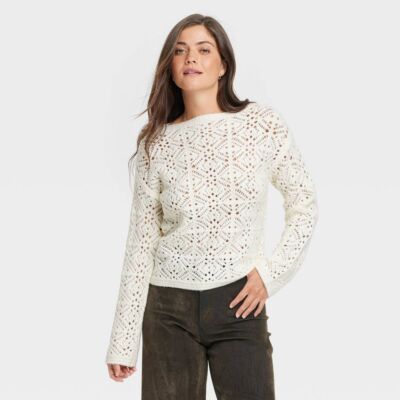 Women's Boat Neck Openwork Pullover Sweater - Universal Thread Cream S