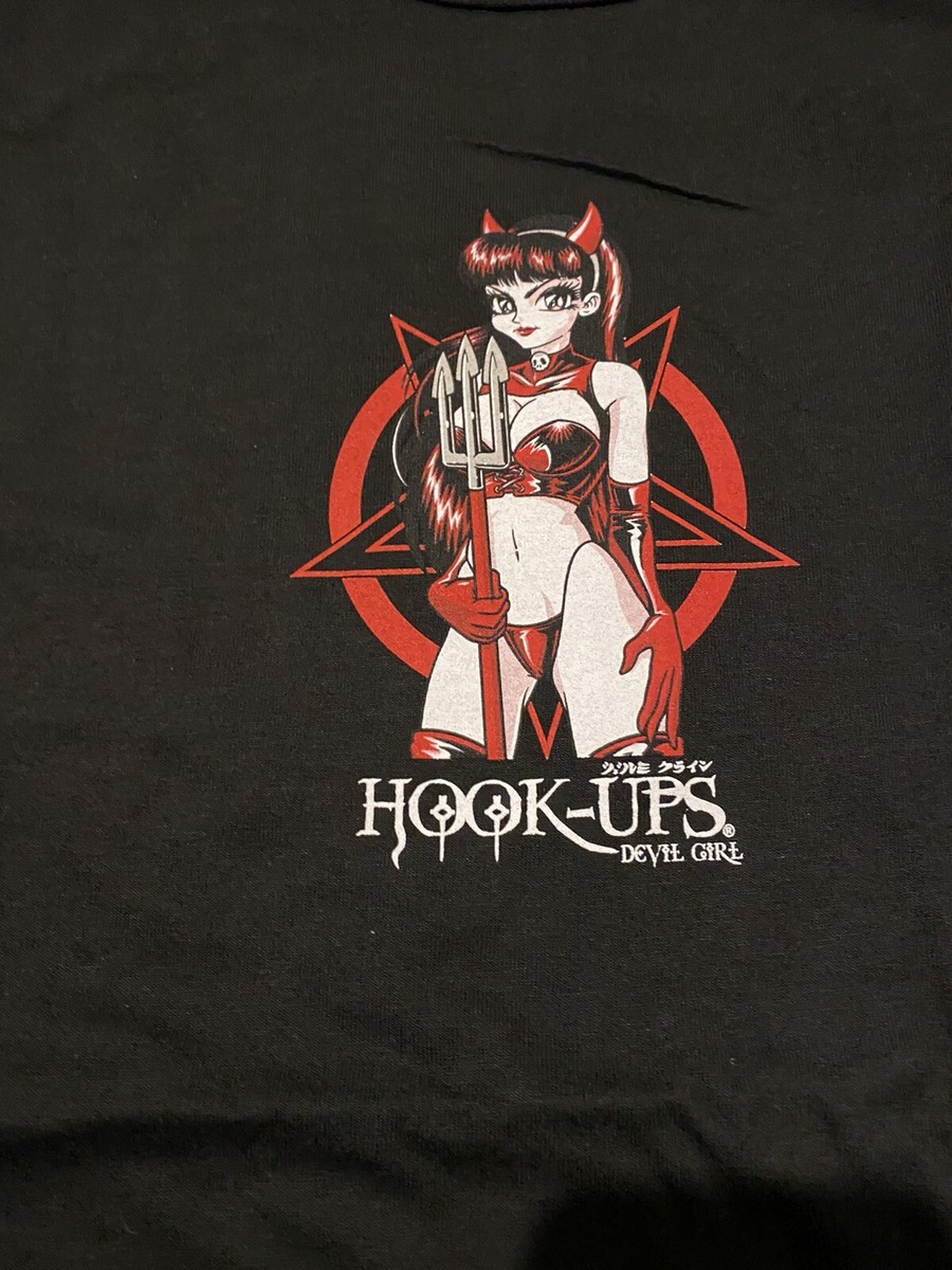 Chemise Vintage Hook-Ups Skateboards XL - Devil Girl Pentagram Skull - Coton Bleu Marine - Années 90 USA